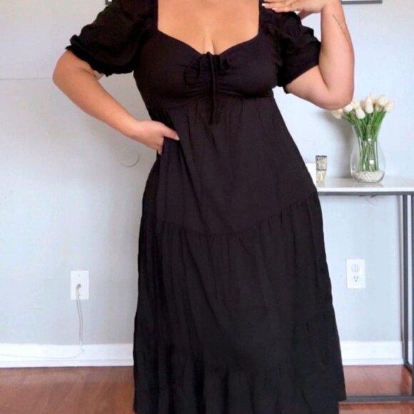 Plus Size Summer Dresses Sweetheart Neck with Drawstring and Puff Sleeve Casual - Picture 5 of 14